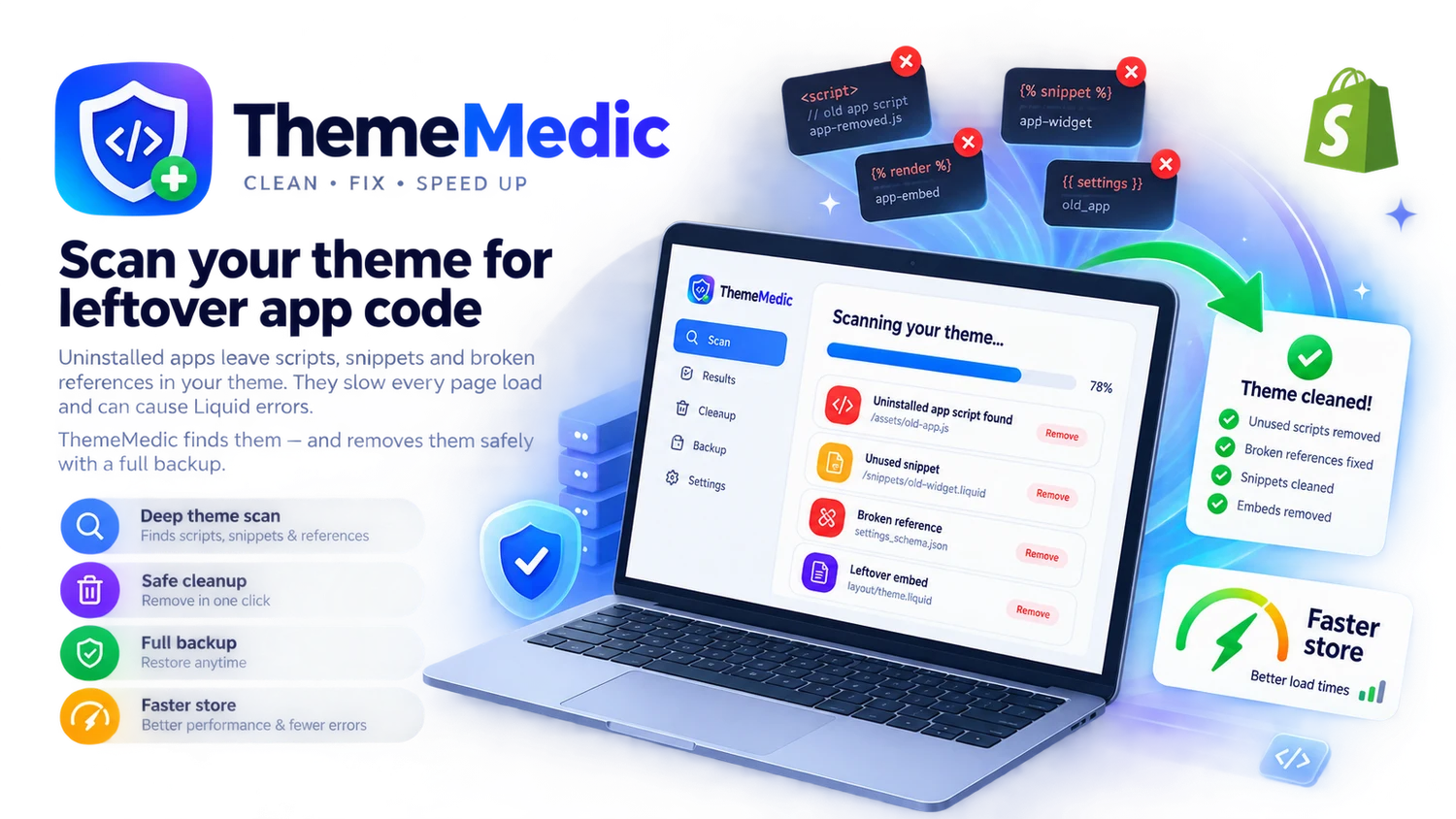 ThemeMedic scanning a Shopify theme and removing leftover app code — cleaned theme with faster load times
